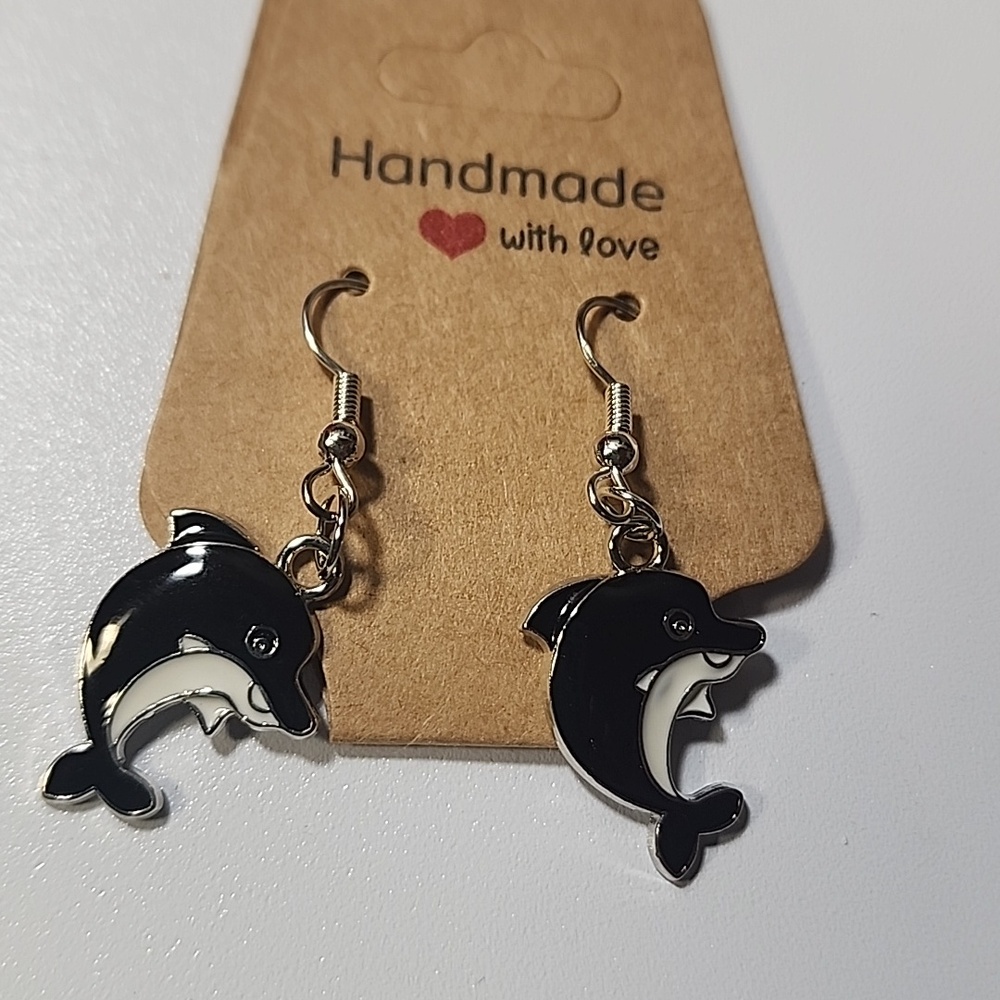 Dolphin Enamel Drop Earrings in Black & White New